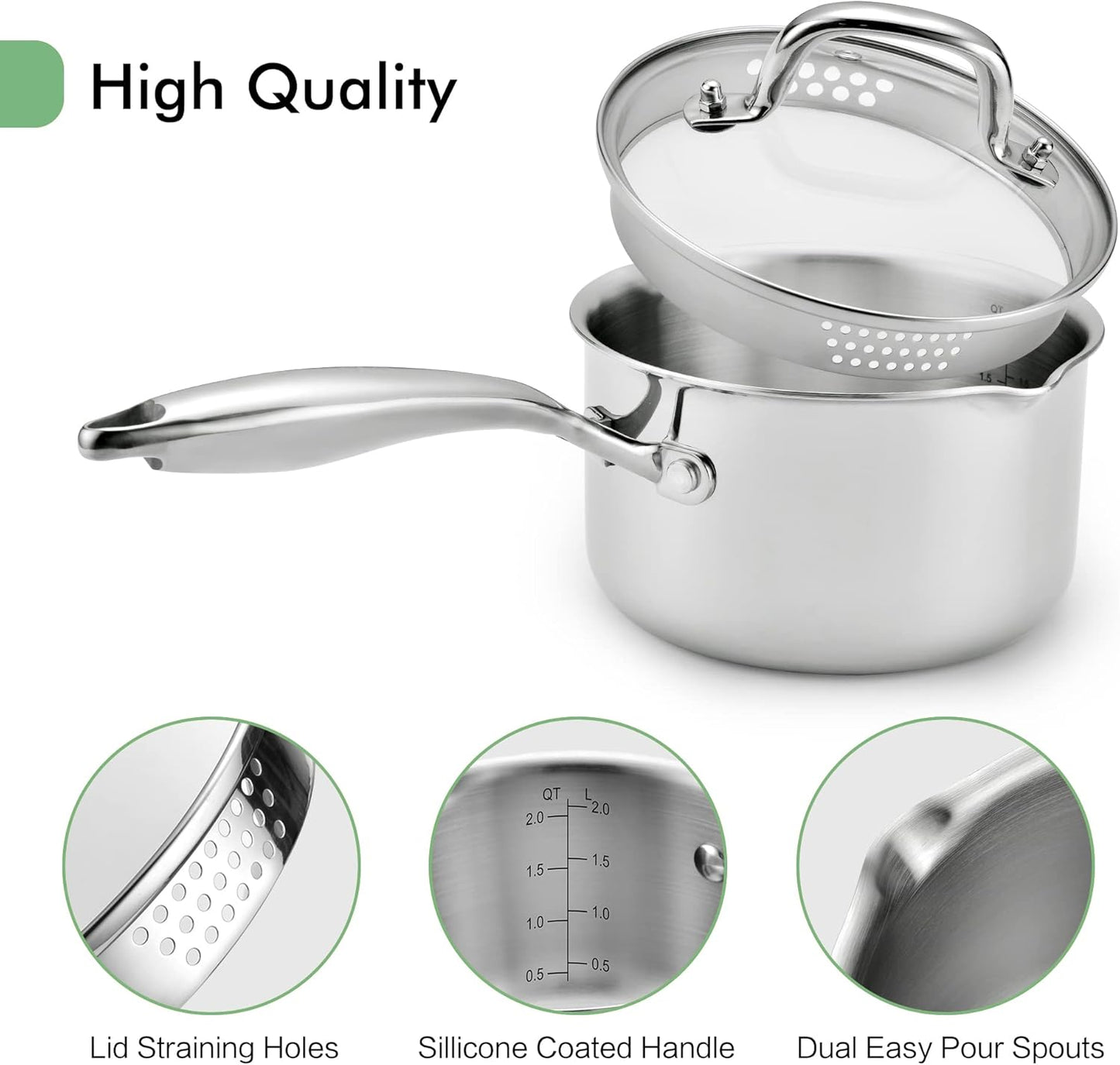 3.5 Quart Stainless Steel Pot Saucepan with Glass Strainer Lid, Sauce Pot with Two Side Spouts, Induction Cooking Pot, Multipurpose Sauce Pan with Lid for Cooking(Tri-Ply Full Body)