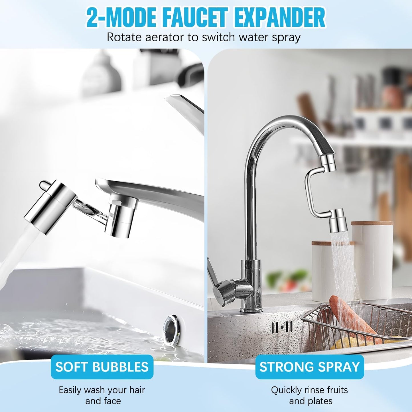 Rotatable Faucet Aerator,1080° Swivel Faucet Extender,Heavy Duty Rotating Sink Extension, Universal Swivel Multifunctional Robotic Arm,2 Spray Modes for Kitchen & Bathroom