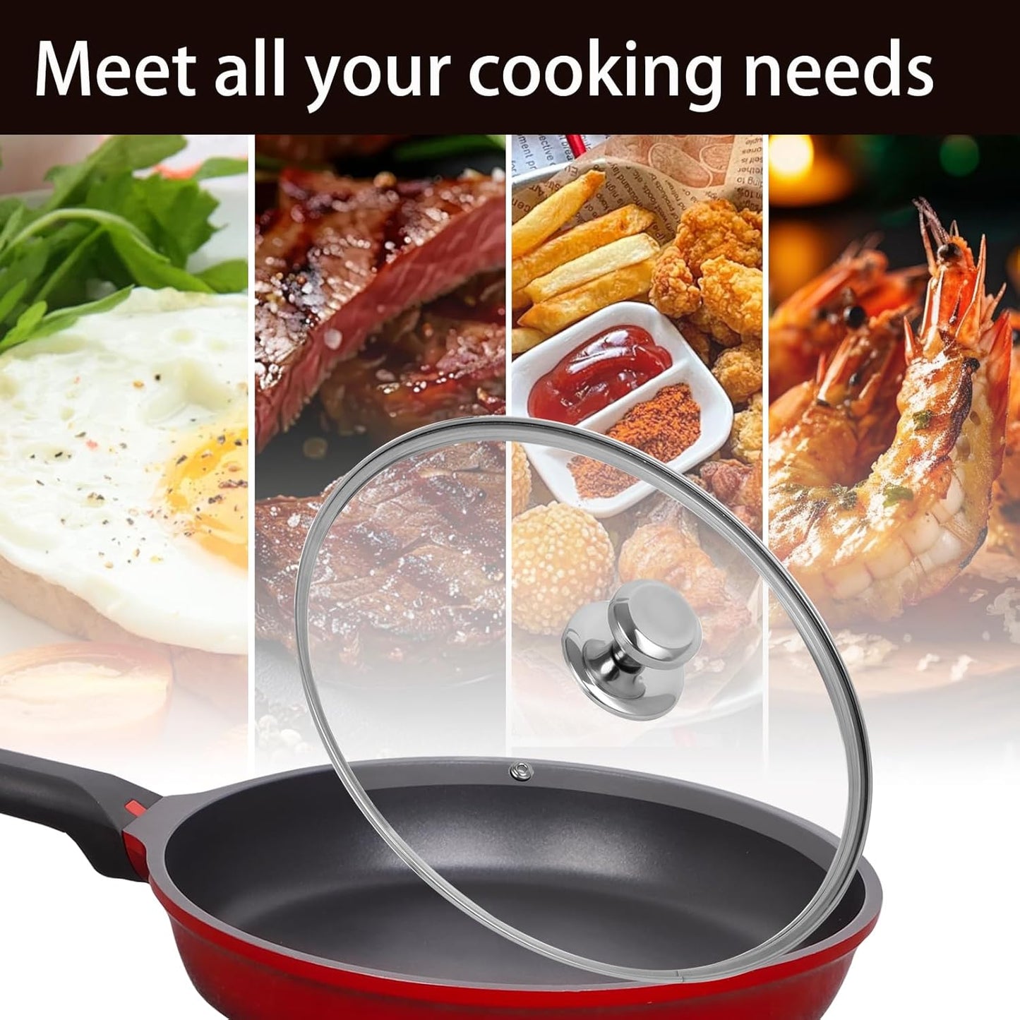 11 inch Tempered Glass Lid for Pots, Frying Pans and Skillets, Replacement Cover with Stainless Steel Knob Handle, Dishwasher Safe