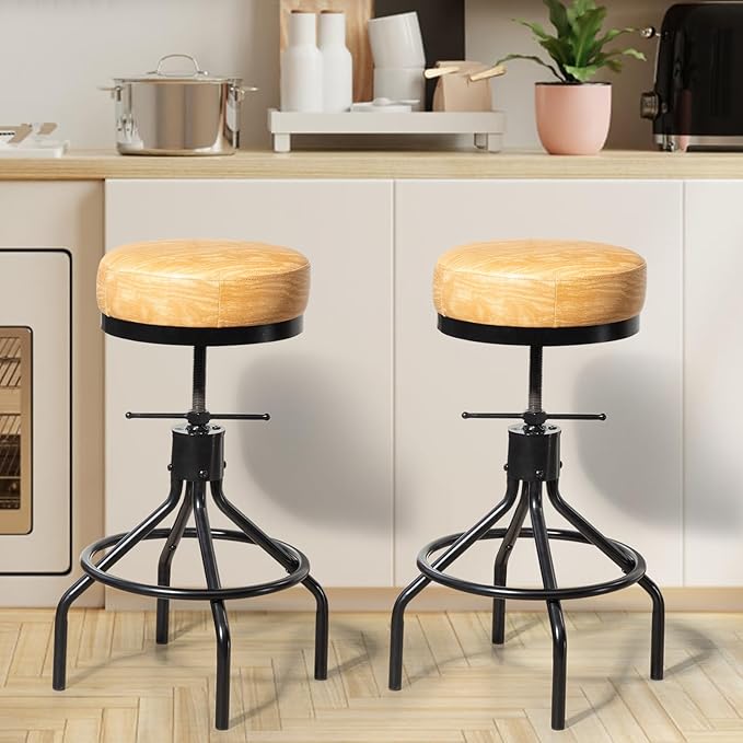 Swivel Bar Stools Adjustable Swivel Barstools Modern PU Leather 28inch Round Backless Counter Height Stool Metal Industrial Bar Chair for Kitchen Island (1, Ash Wood PU Leather)