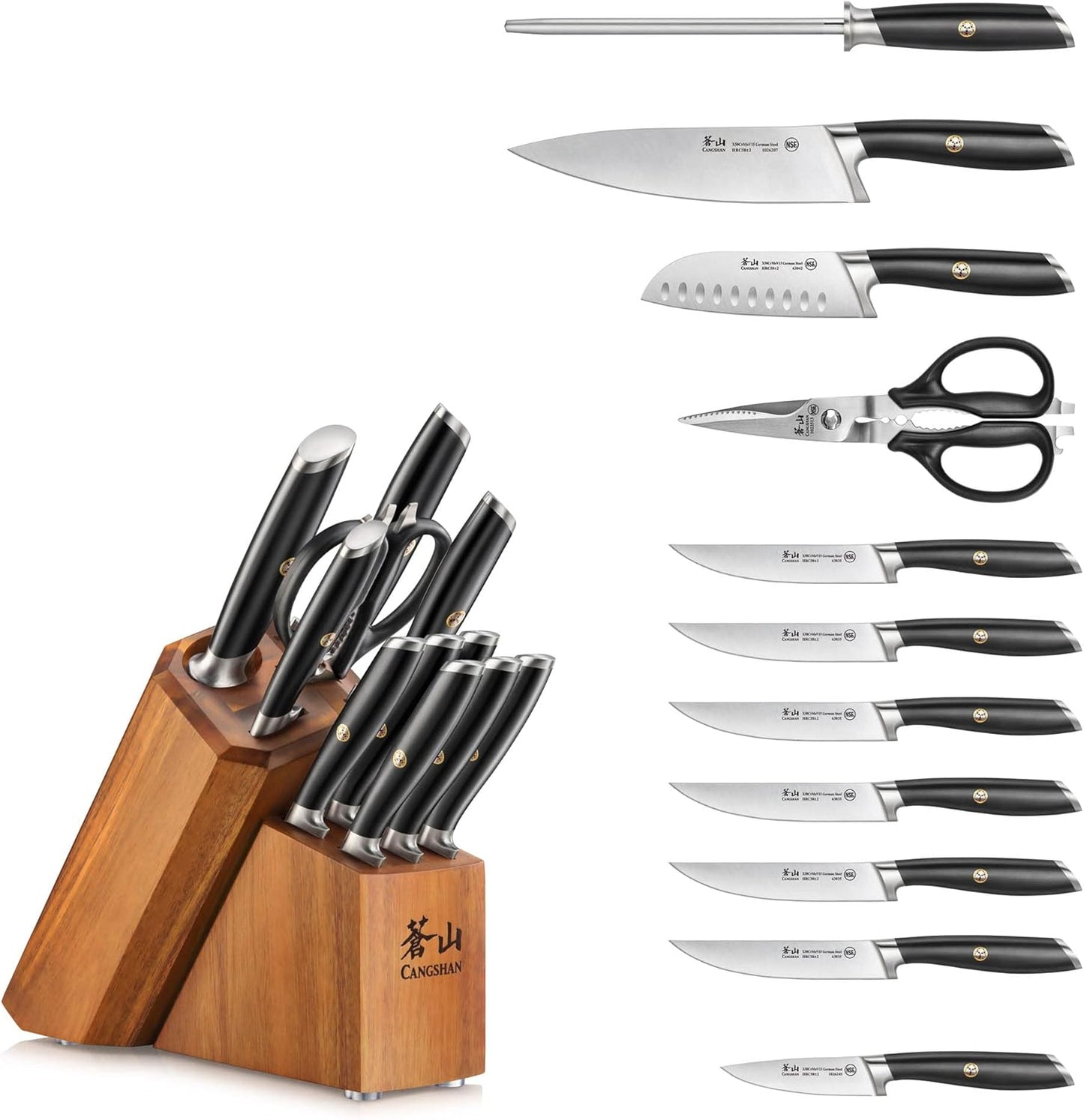 Cangshan L Series 12-Piece Knife Block Set with 6 Steak Knives, Forged German Steel, Acacia Block, Black, 1026061