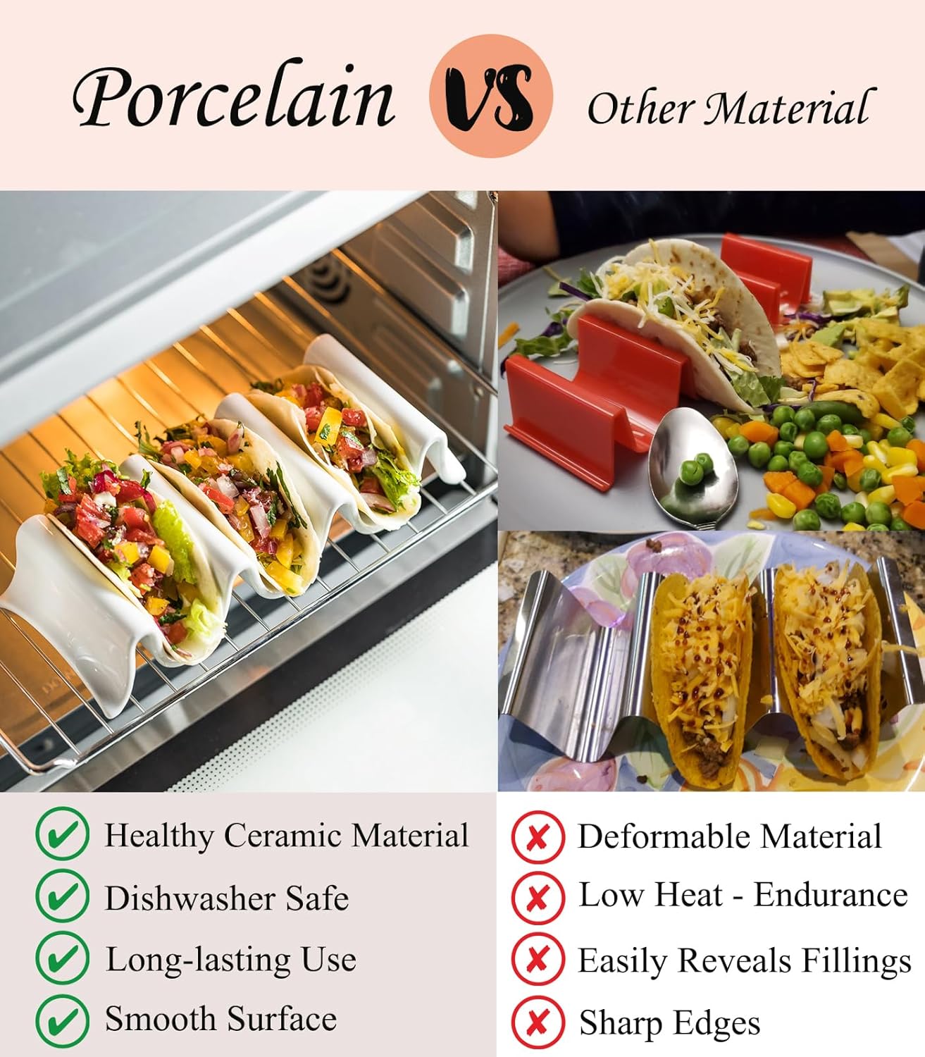 Taco Holders Set of 2, Porcelain Large Taco Tray with Handles, Reusable and Stackable Taco Plates, Perfect for Burritos and Tortillas Holder Handles, Oven & Microwave Safe