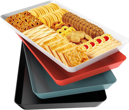 WOWBOX 4 pcs Serving Tray for Entertaining, Serving Platters for Snacks, Fruit, Cookies, Dessert, Reusable Plastic Trays for Serving Food, (White, Black, Green, Red)