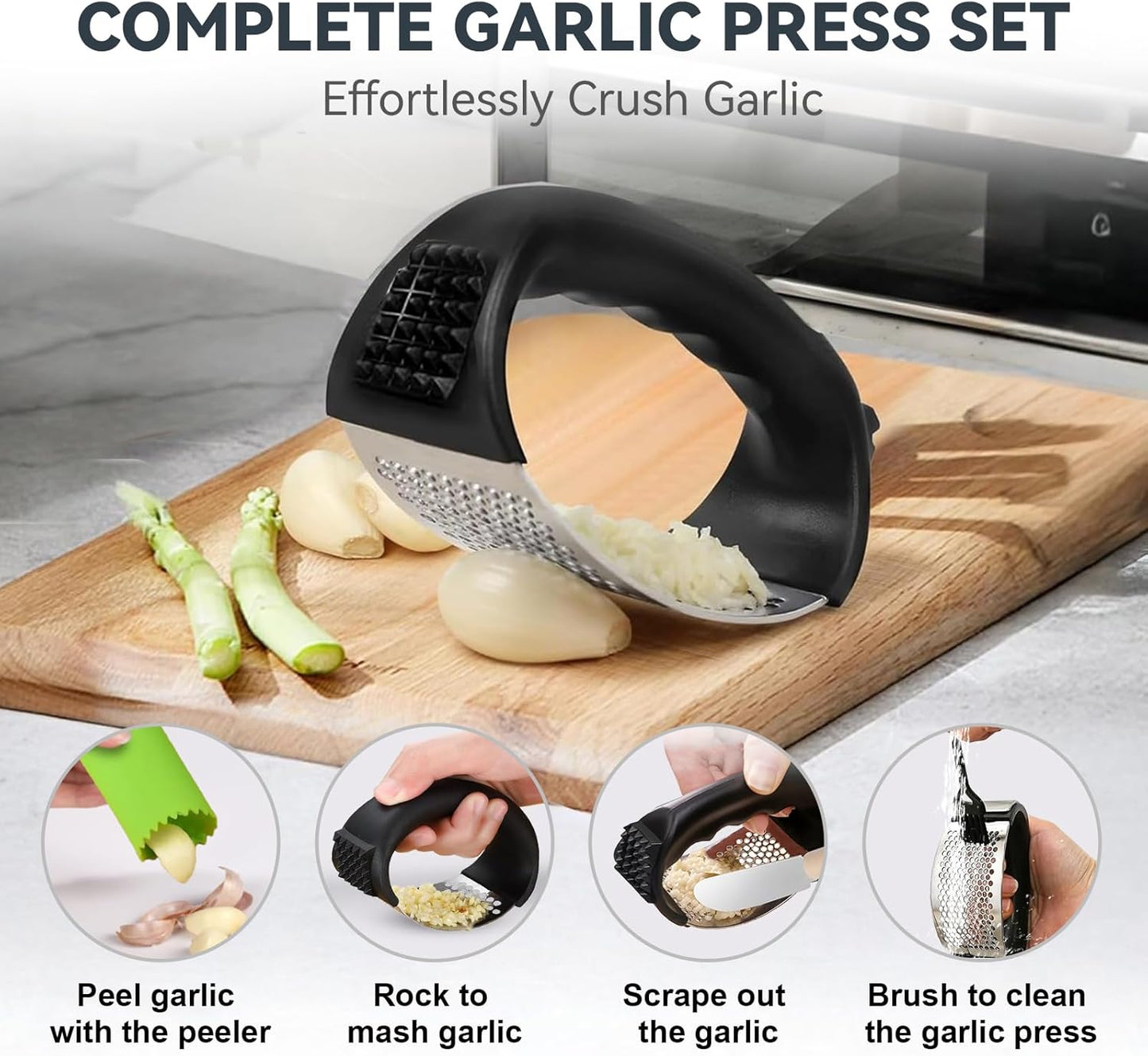 2 Pack Garlic Press Rocker Set – Innovative Stainless Steel Garlic Mincer & Crusher with 2 Peelers, 2 Scrapers, and 2 Brushes for Effortless Garlic Prep | Complete Garlic Tool Kit (GREEN)