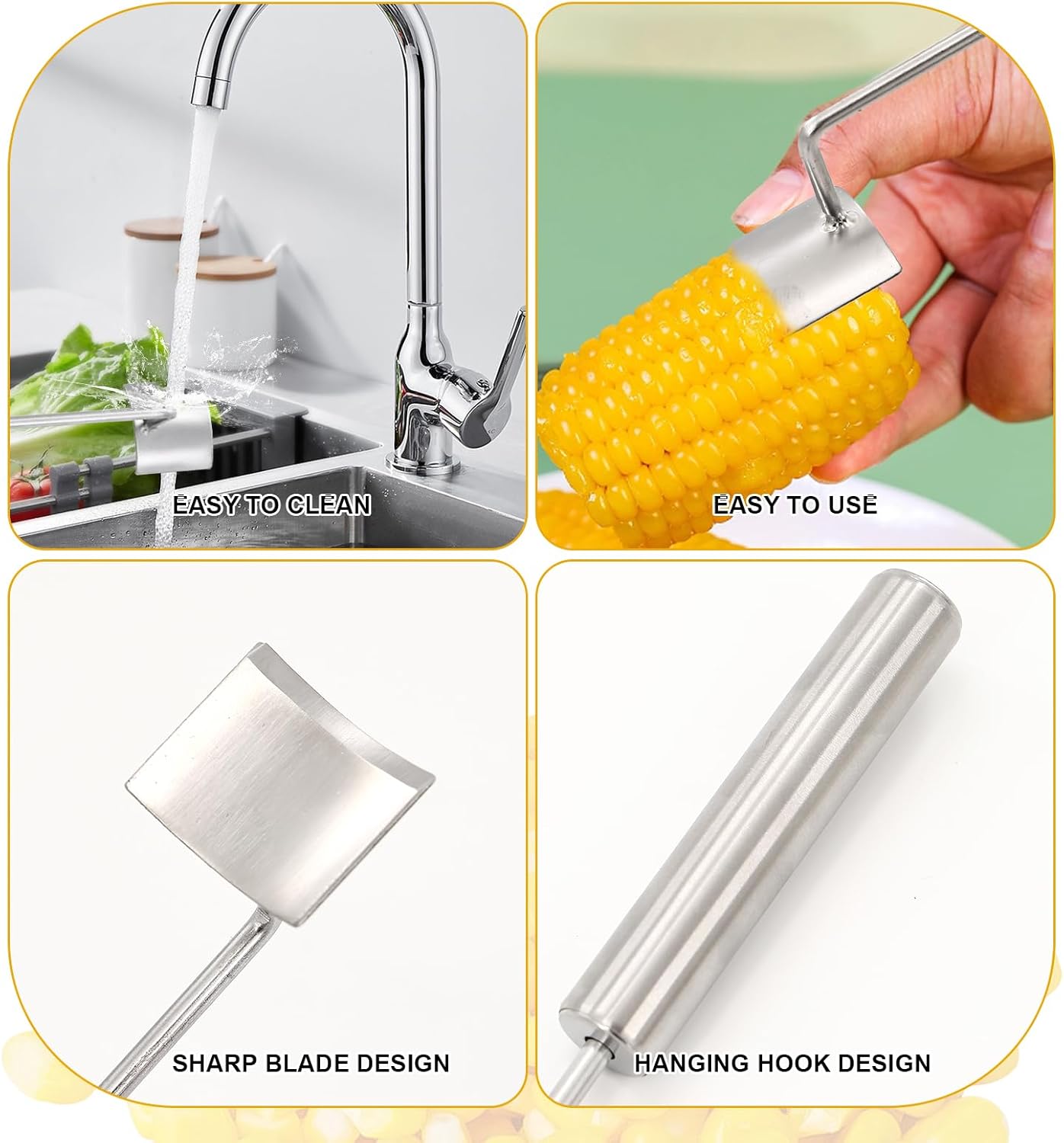 Stainless Steel Corn Peeler and Stripper Set, 2 Pcs Long Handle Corn Cutter for Kitchen and Outdoor Dining