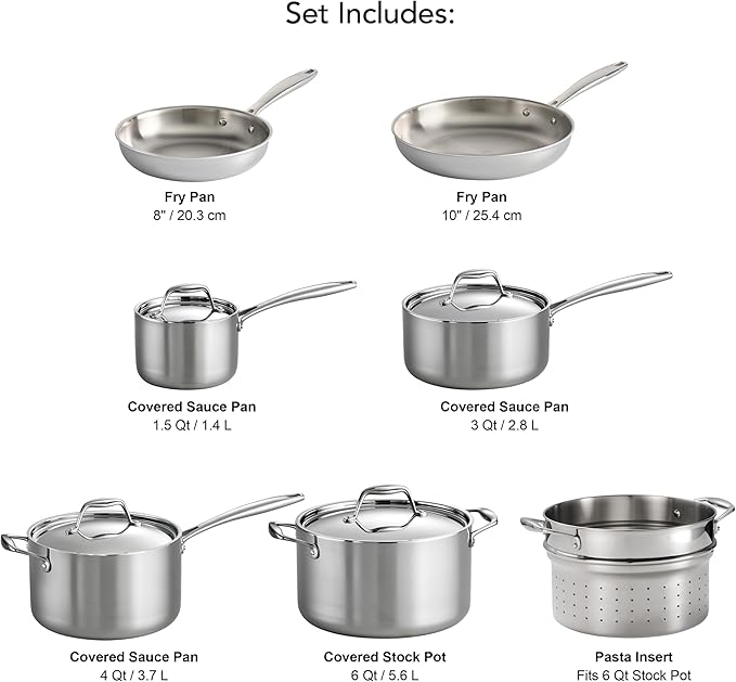 Tramontina Tri-Ply Clad Stainless Steel 11-Piece Cookware Set with Lids, Pots and Pans Kitchen Set, Induction-Ready, Dishwasher-Safe, NSF-Certified