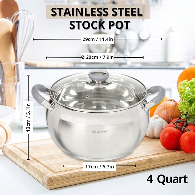Daniks Modern Stainless Steel Stock Pot with Glass Lid – Induction 4 Quart, Dishwasher Safe, Heatproof Handles, For Soup, Pasta, Stew, Silver