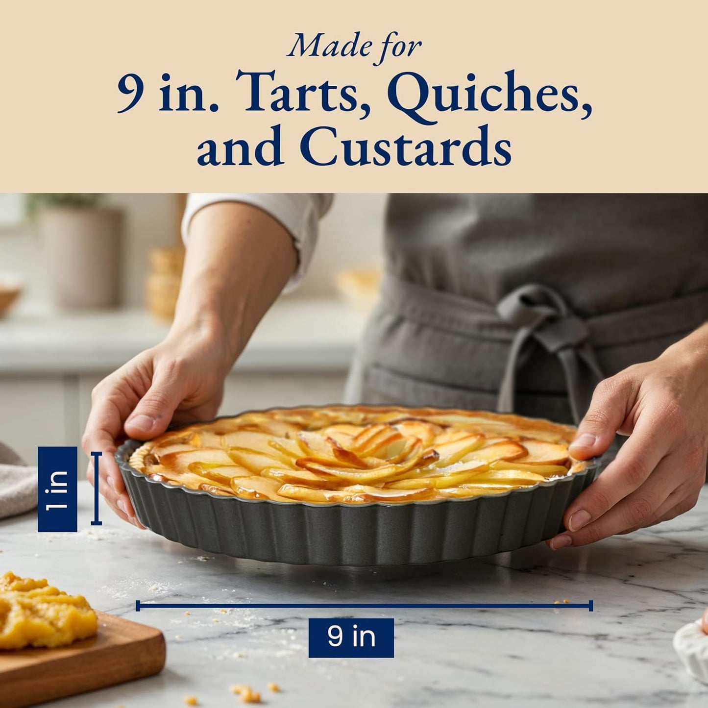 Patz&Patz Classic Tart Pan 9 Inch Removable Bottom with Patented Silicone Crust Shaper | Nonstick Carbon Steel Quiche Baking Dish, Fruit Tart Molds for Baking, Quiche Pan & Pie Mold - PFOA & PTFE-Free