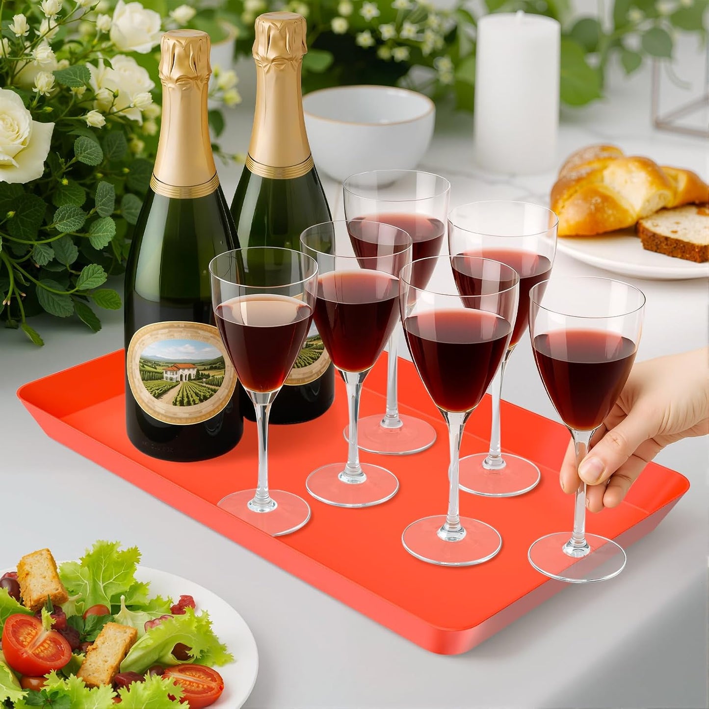 WOWBOX 4 pcs Serving Tray for Entertaining, Serving Platters for Snacks, Fruit, Cookies, Dessert, Reusable Plastic Trays for Serving Food and Pantry Organization in Kitchen & for Parties, (Red)