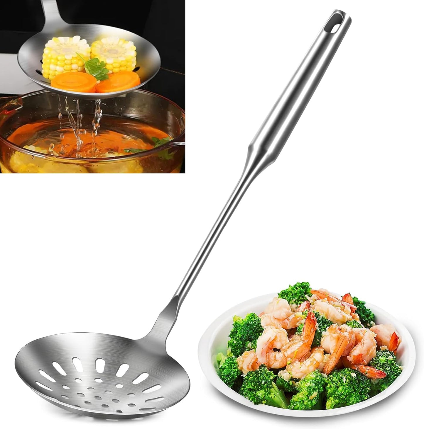 Yimi Cooking Skimmer Slotted Spoon, Durable 304 Stainless Steel Frying Strainer Ladle with Vacuum Ergonomic Handle, Heat Resistance Fryer Scoop Kitchen Utensil, Ideal for Gift, 14.8 Inches