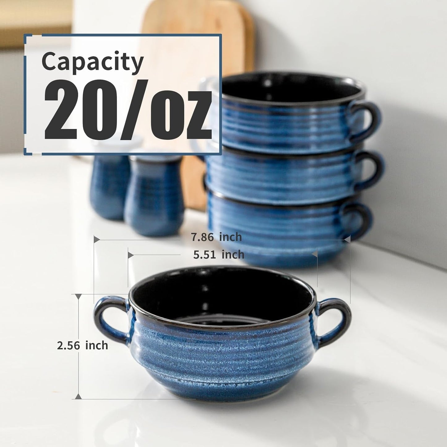 Hasense Ceramic Soup Bowls, 20oz French Onion Soup Bowls with Handle Set of 2, Serving Bowls for Chili, Stew, Salad, Microwave & Dishwasher Safe Soup Crocks, Blue