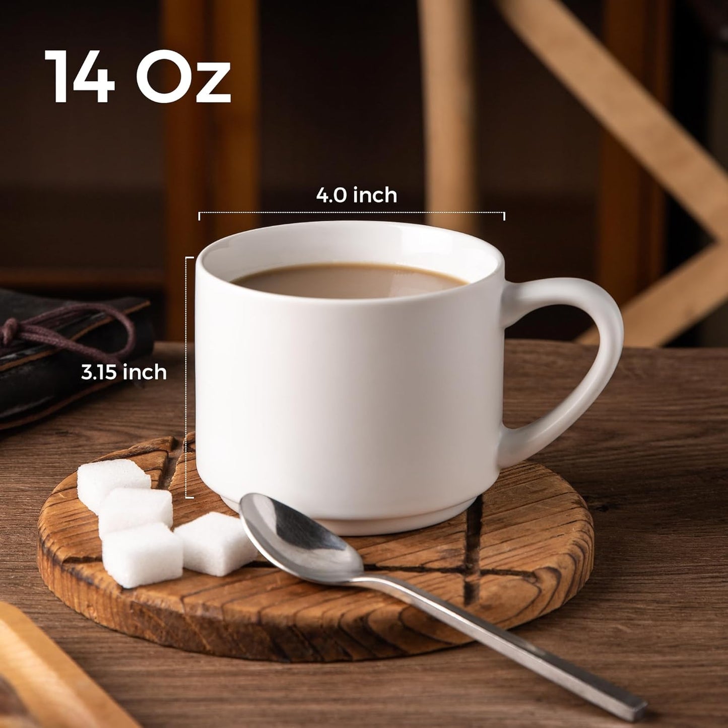 GBHOME 14 OZ Coffee Mugs Set of 6, Stackable Ceramic Mugs for Men, Women, Modern Coffee Mugs With Stable Base for Latte, Tea, Cappuccino. Dishwasher & Microwave Safe, Matte White