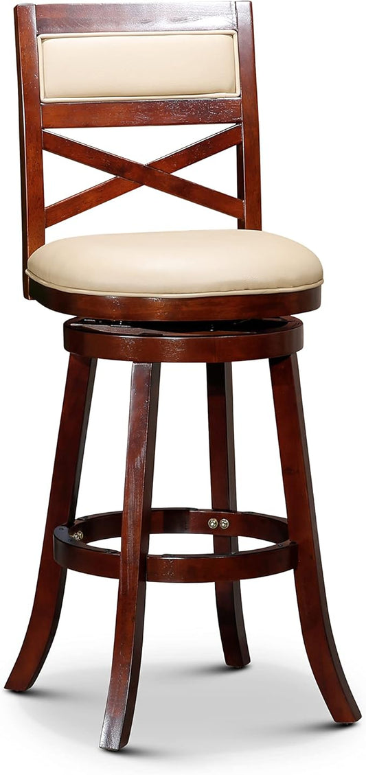 DTY Indoor Living Meeker X Back Bonded Leather Swivel Stool, 30" Bar Height, Cherry Finish, Bone Leather Seat