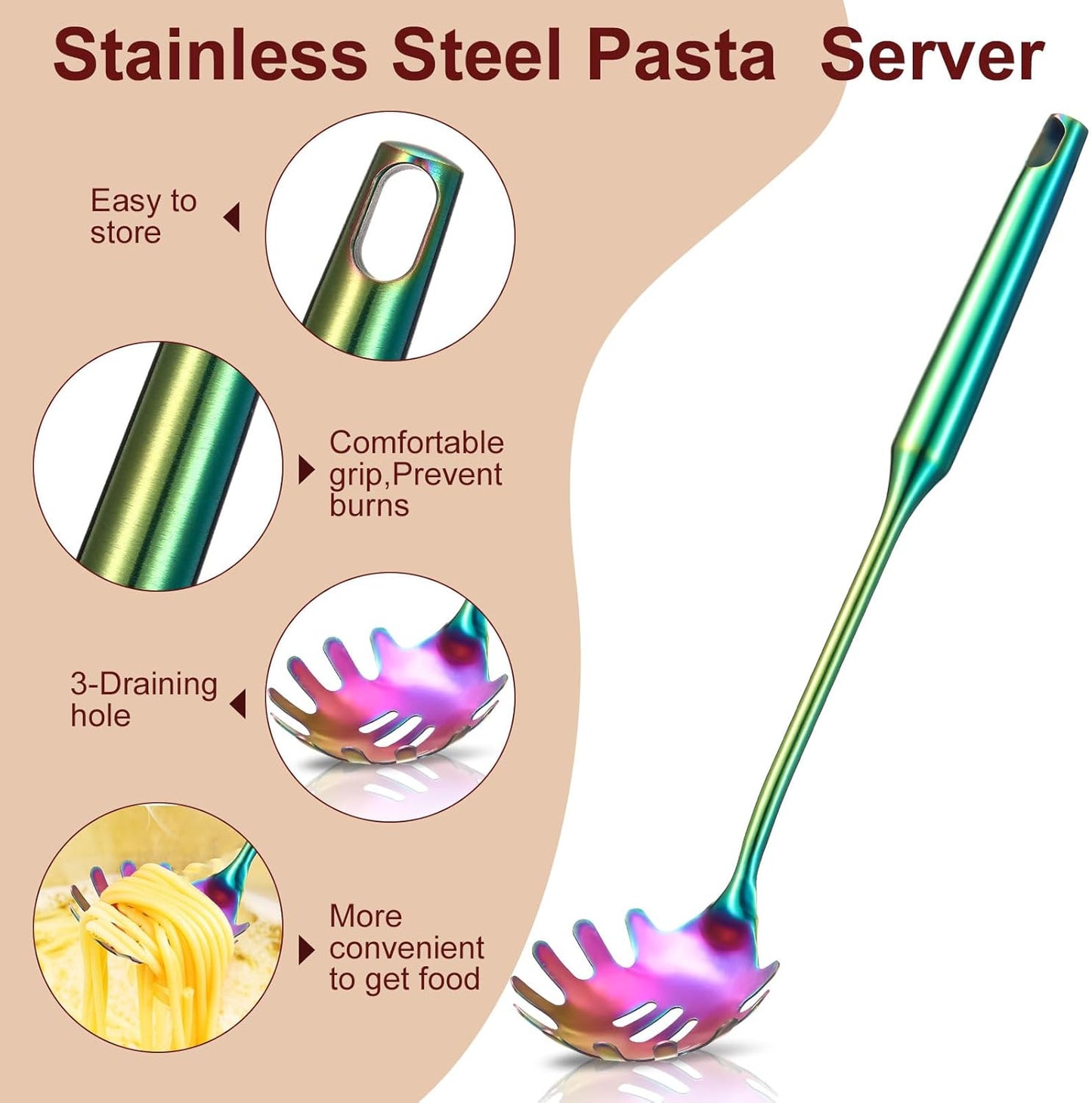 Patelai 2 Pcs Stainless Steel Pasta Spoon with Teeth Large Spaghetti Utensil, 9.4'' Tong and 13.6'' Pasta Fork with Vacuum Handle, Comfortable Grip Design Spoons for Kitchen(Colorful)