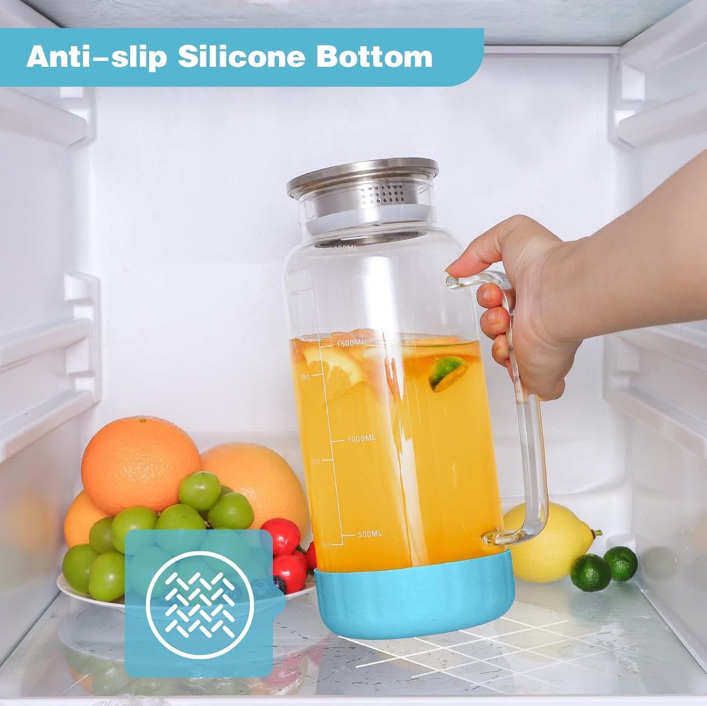 Aofmee 68oz Glass Pitcher with Lid, 2 Liter Water Carafe with Silicone Base and Precise Scale Line, Ice Tea Pitcher for Fridge, Anti-Slip Glass Jug for Sun Tea Juice Coffee Milk Beverage (Blue)