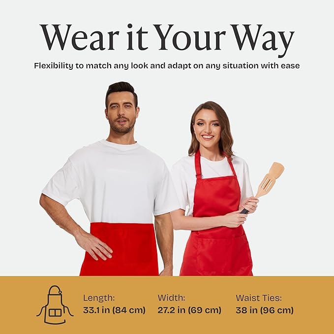 Will Well Kitchen Apron for Men and Women - 33" x 27" Oil-and-Water-Resistant with Adjustable Neck Strap and 38" Waist Ties for a Snug Fit, Lightweight with 2 Front Pockets - 1-Pack, Red