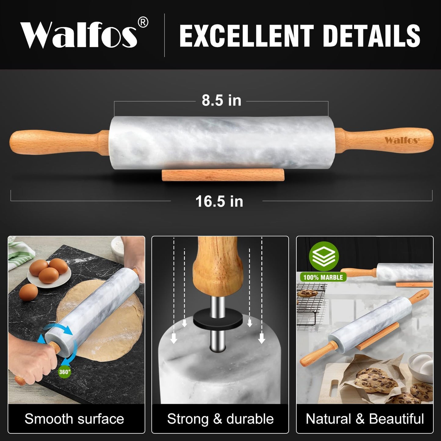 Walfos Marble Rolling Pin With Wooden Handles & Wood Cradle, 16.5 Inch Marble Rolling Pins For Making Pizza Dough And Tortillas, Dough Roller For Pie Crust, Cookie, Pasta (Gray & White)