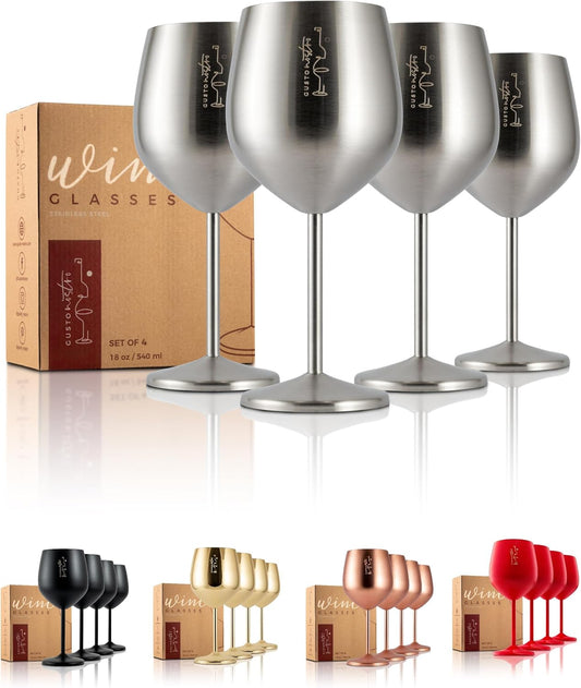 Gusto Nostro Stainless Steel Wine Glass - 18 oz - Cute, Unbreakable Wine Glasses for Travel, Camping and Pool - Fancy, Unique and Cool Portable Metal Wine Glass for Outdoor Events, Picnics (Set of 4)