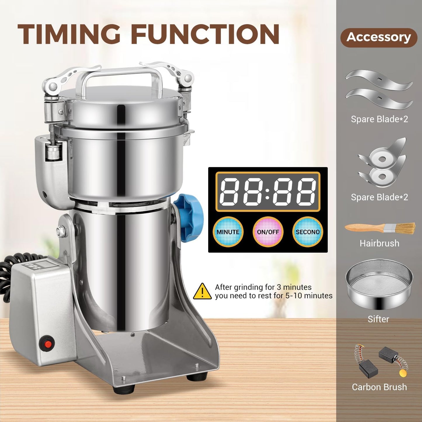 Grain Mill 500g Commercial Spice Grinders Electric 1500W Stainless Steel Pulverizer Dry Grinder for Grinding Wheat, Oats, Corn, Pepper, and Coffee Beans – Grinder for Kitchen.