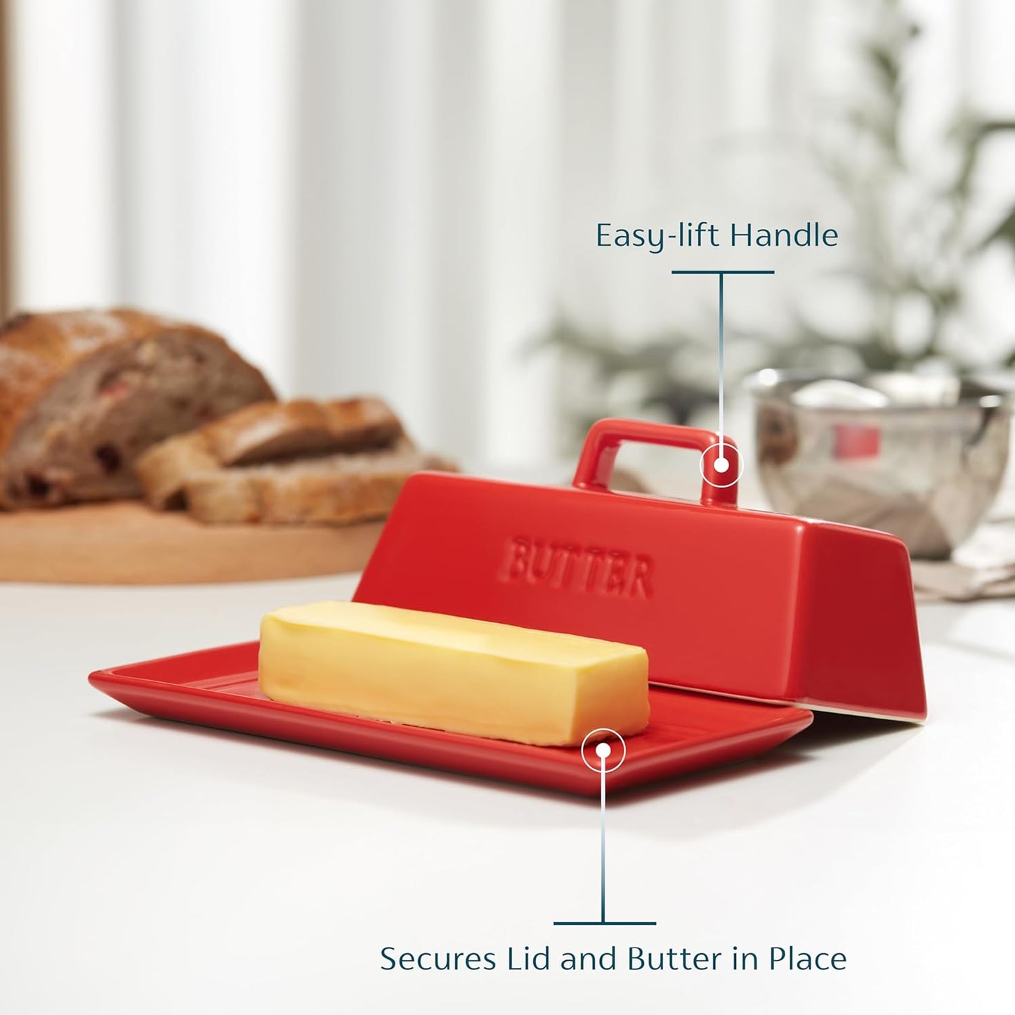 Butter Dish with Lid for Countertop, by Kook, Ceramic Dish Tray with Cover, Kitchen Keeper, Container, Holder, Holds 1 Stick, Microwave and Dishwasher Safe, Red