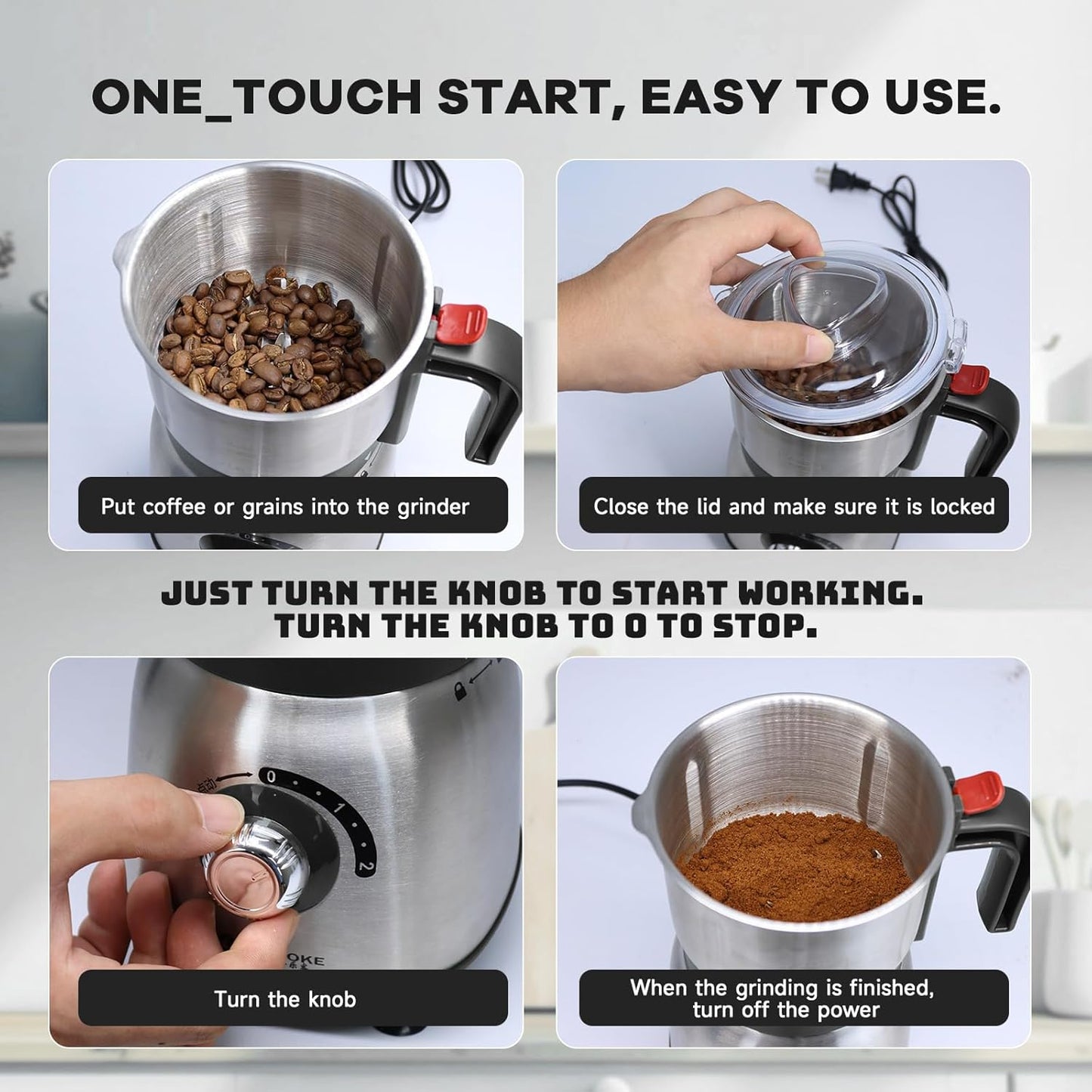 Electric Spice and Nut Grinders - 3 Stainless Steel Blades, 1 Filter, 1 Brush - 500W Grinder for Kitchen Dry Use (Black)