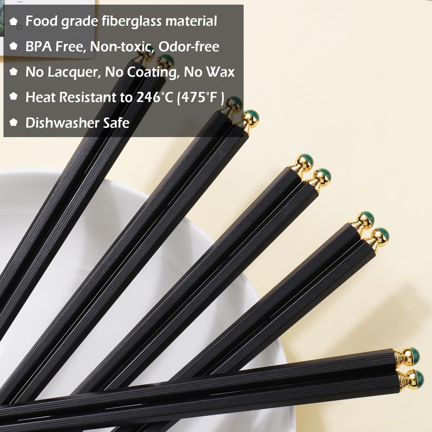 GLAMFIELDS 5 Pairs Premium Chopsticks Reusable Dishwasher Safe 10.5 Inch Gift Set Hexagon Black Chop Sticks with the Green Tops