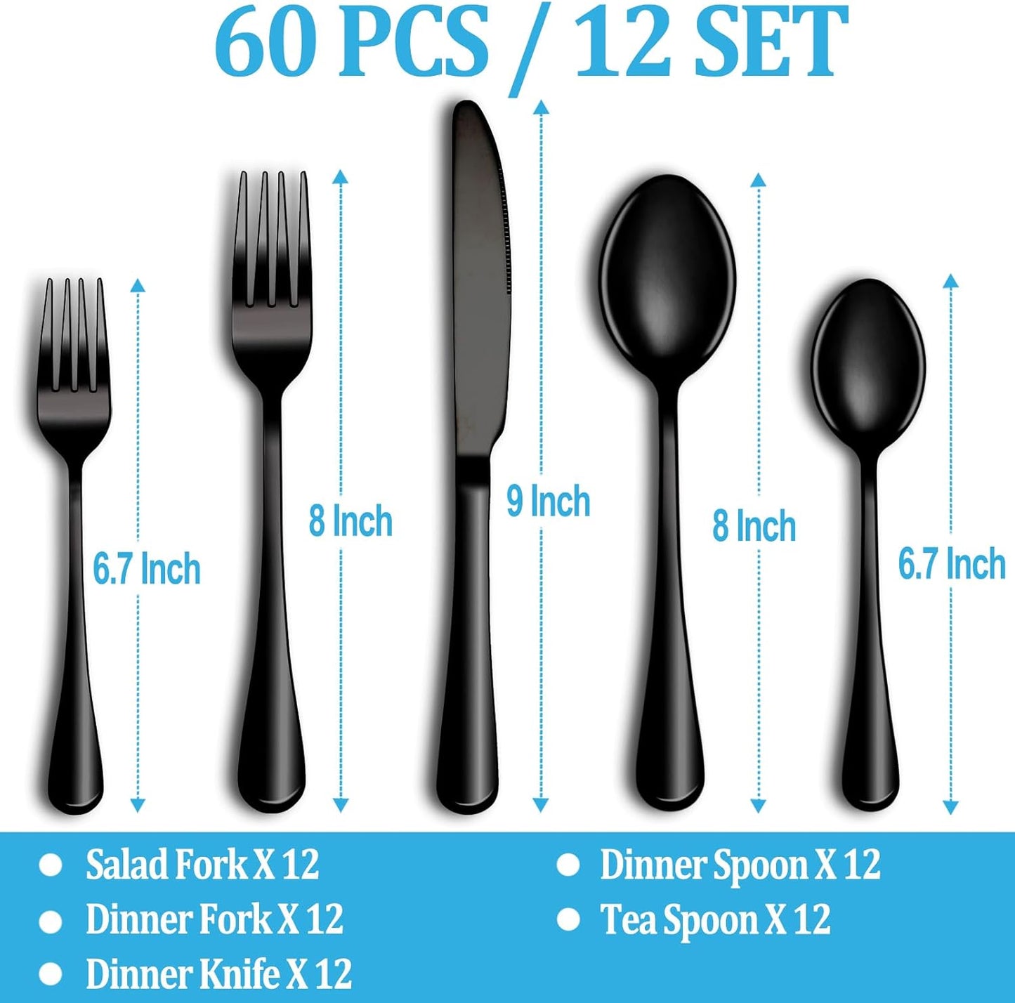 60 Pcs Black Silverware Set, Stainless Steel Serving Sets Service for 12, Mirror Polished Serving Utensils Set, Durable Home Kitchen Eating Tableware Set, Include Fork Knife Spoon Set,Dishwasher Safe