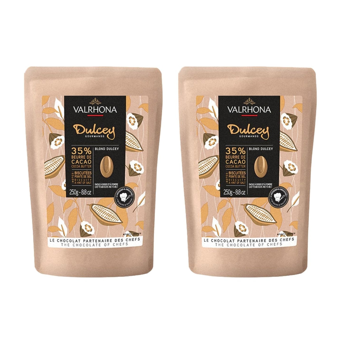 Valrhona Premium French Baking Blonde Chocolate Discs (Feves). DULCEY 35% Cacao. Creamy, Caramel Cookie Flavor Notes. Easy Melt & Tempering. Creamy, Balanced, For Luscious Frostings. 250g (Pack of 2)