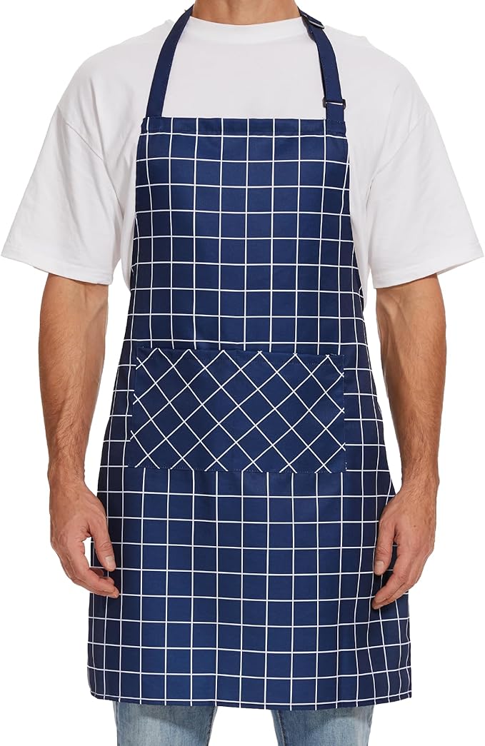 Will Well Kitchen Apron for Men and Women - 33" x 27" Oil-and-Water-Resistant with Adjustable Neck Strap and 38" Waist Ties for a Snug Fit, Lightweight with 2 Front Pockets - 1-Pack, Navy Checkered