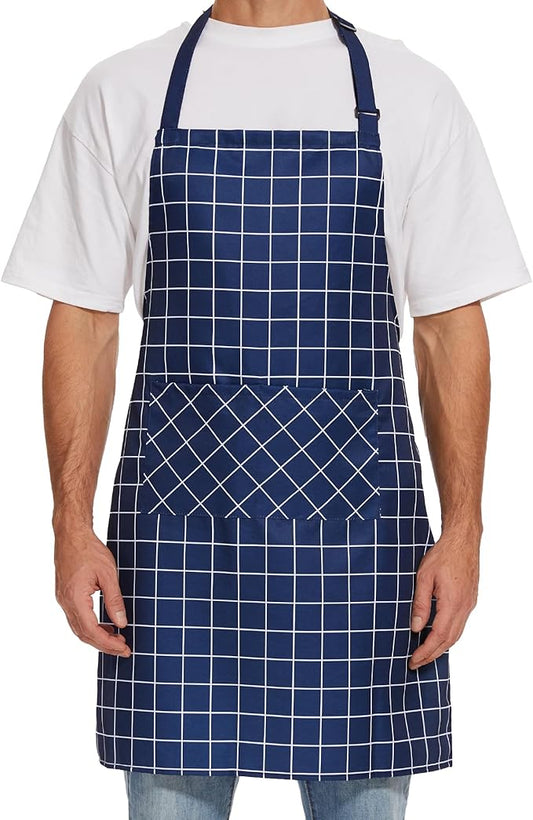 Will Well Kitchen Apron for Men and Women - 33" x 27" Oil-and-Water-Resistant with Adjustable Neck Strap and 38" Waist Ties for a Snug Fit, Lightweight with 2 Front Pockets - 1-Pack, Navy Checkered