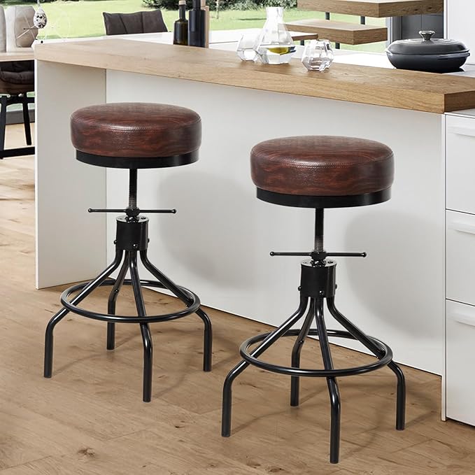 Counter Height Bar Stool Adjustable Swivel Round Barstools Modern PU Leather 28inch Backless Metal Industrial Stool Bar Chair for Kitchen Island (1, Walnut)