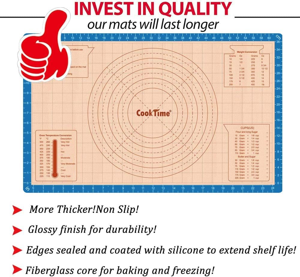 Silicone Pastry Baking Mat Non Stick-Large Rolling Dough with Measurements-Non Slip Pizza,Fondant,Pie,Cake Baking Mat - 26 x 16 Inch By Cook Time(Blue)