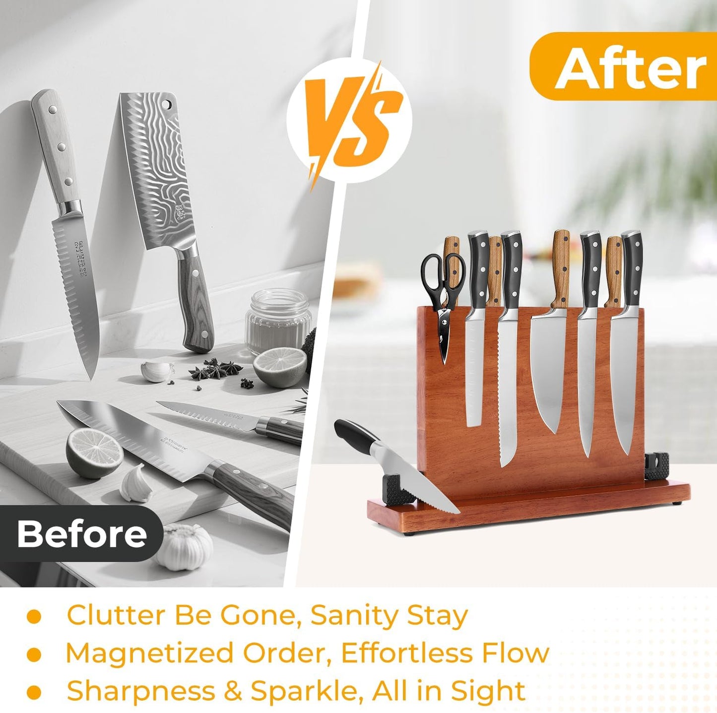 Magnetic Knife Block with Built-in Sharpener, Double-Sided 360° Magnetic Holder & Knife Sharpening Stone, Rubber Wood Countertop Storage Organizer, No Knives Included