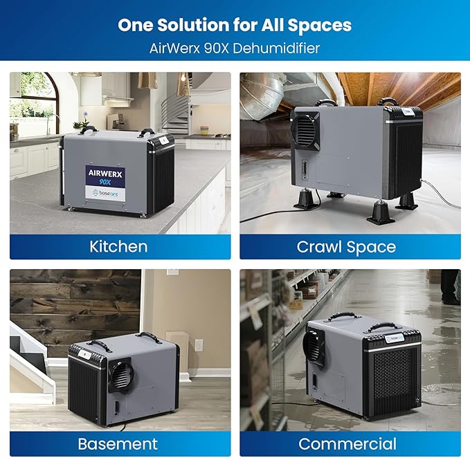 BaseAire AirWerx90X Energy Star Dehumidifier for Crawl Space Basement, 198 Pints Commercial Dehumidifier with Pump, 5 Years Warranty, Intelligent Humidity Control, Auto Shut off/Restart