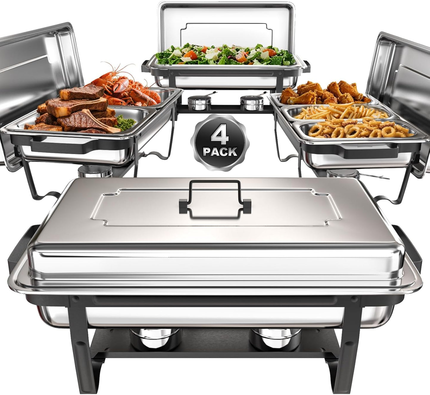 sifer Chafing Dishes for Buffet 9Qt 4 Pack [Multi-Size Food Pans] | Chafing Dishes with 80% Faster [Screwless Installation] and Stacking Design [Easy Storage] for Fathers Day Party/Wedding