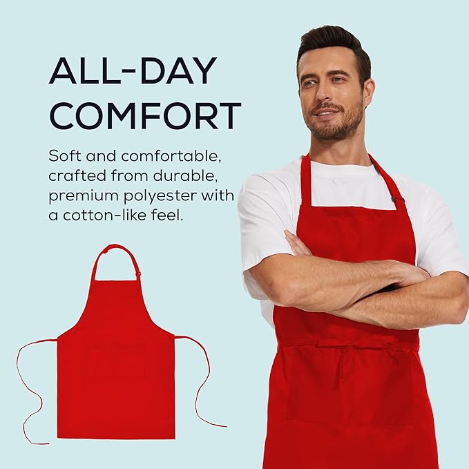 Will Well Kitchen Apron for Men and Women - 33" x 27" Oil-and-Water-Resistant with Adjustable Neck Strap and 38" Waist Ties for a Snug Fit, Lightweight with 2 Front Pockets - 2-Pack, Red