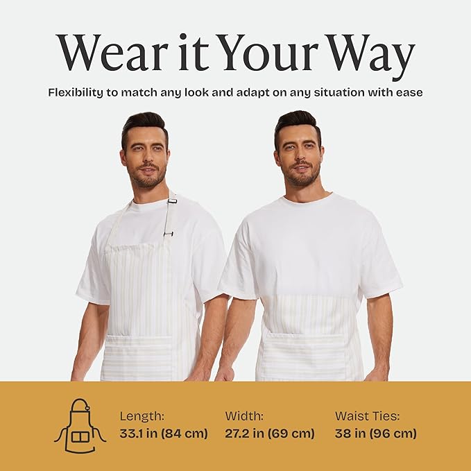 Will Well Kitchen Apron for Men and Women - 33" x 27" Oil-and-Water-Resistant with Adjustable Neck Strap and 38" Waist Ties for a Snug Fit, Lightweight with 2 Front Pockets - 1-Pack, White Stripe