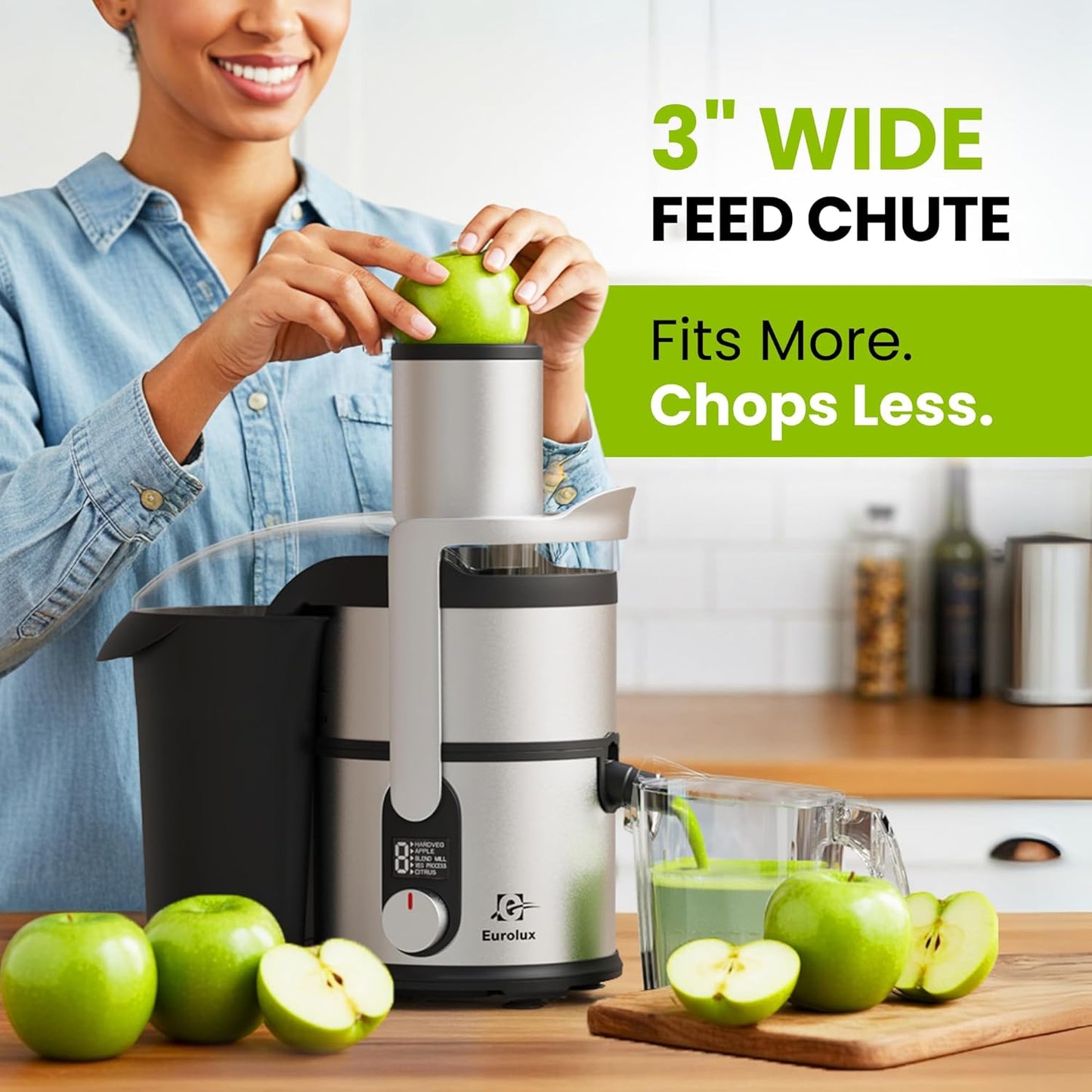 Eurolux 800W Premium Centrifugal Juicer for Whole Fruits and Vegetables – TurboJet Extraction System – 5-Speed Dial with Digital Display – Wide 3” Feed Chute – Easy to Clean – BPA-Free- Stainles Steel