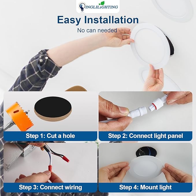 DLLT LED Recessed Ceiling Light: 24 Pack 6 Inch Slim Recessed Lighting for Kitchen - 5CCT Dimmable Canless Wafer Downlight for Living Room - 725LM Brightness 12W 120V Can Lights for Bedroom ETL FCC