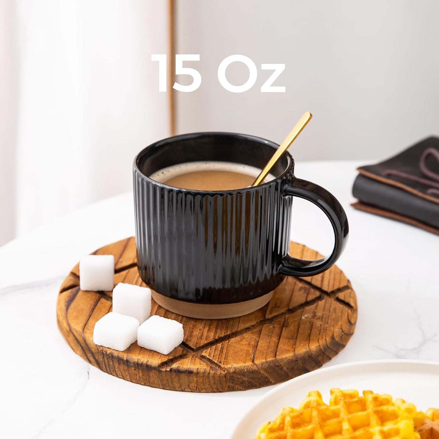 GBHOME 15OZ Stackable Coffee Mugs, Ceramic Coffee Mugs with Texture Patterns for Man,Woman,Dad,Mom, Modern Coffee Cups Set of 4 for Latte/Cappuccino/Cocoa. Dishwasher&Microwave Safe，Black