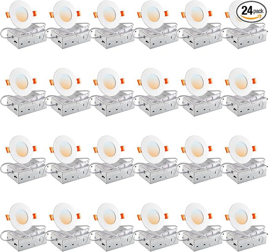 DLLT LED Recessed Ceiling Light: 24 Pack 3 Inch Slim Recessed Lighting for Kitchen - 5CCT Dimmable Canless Wafer Downlight for Living Room - 1200LM Brightness 12W LED Can Lights for Bedroom ETL FCC