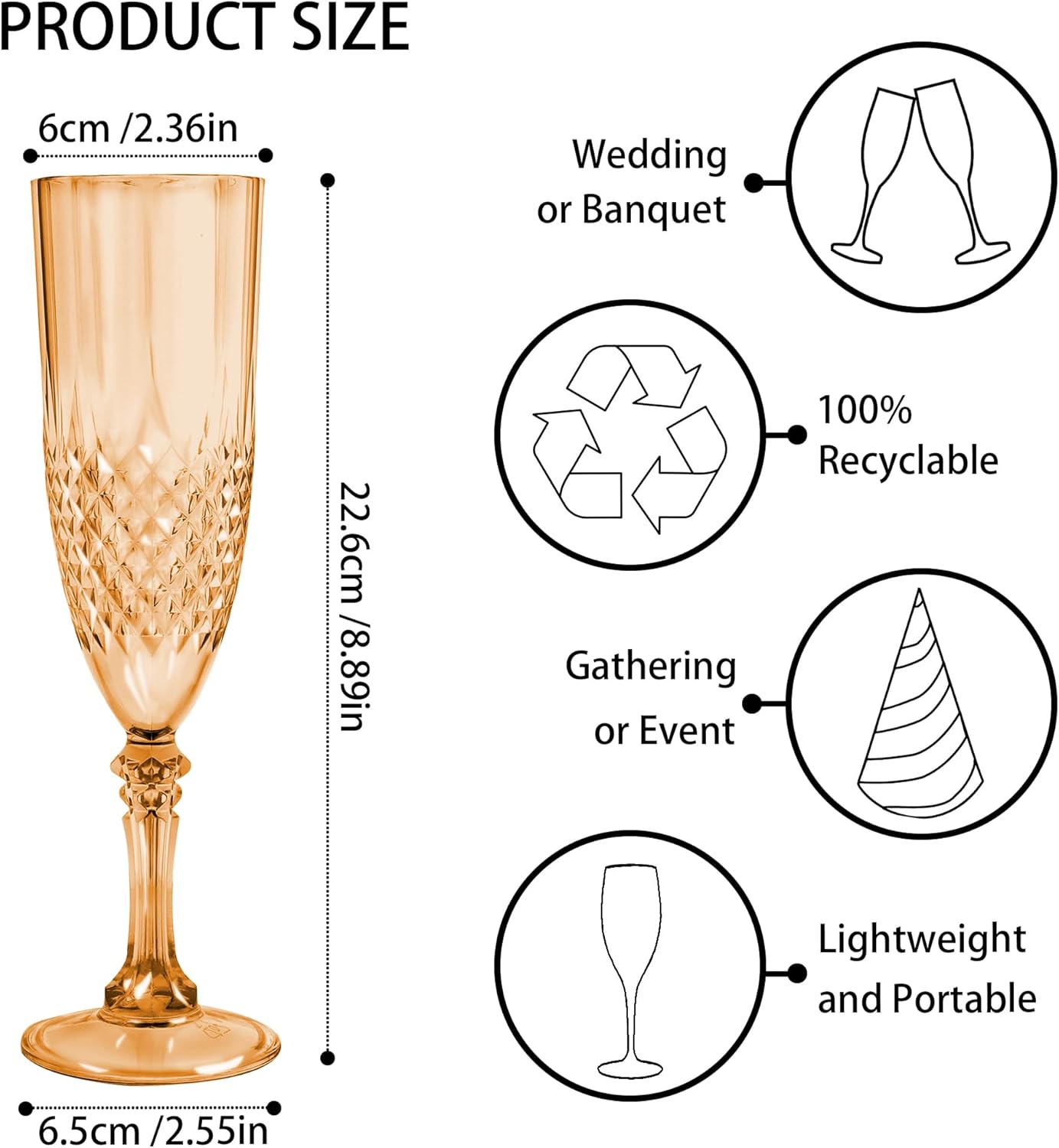 Plastic Champagne Flutes, 24PCS Gold Plastic Wine Glasses Goblets Reusable Champagne Flute for Weddings, Bachelor Parties, Toasting, and Events(24, Gold)
