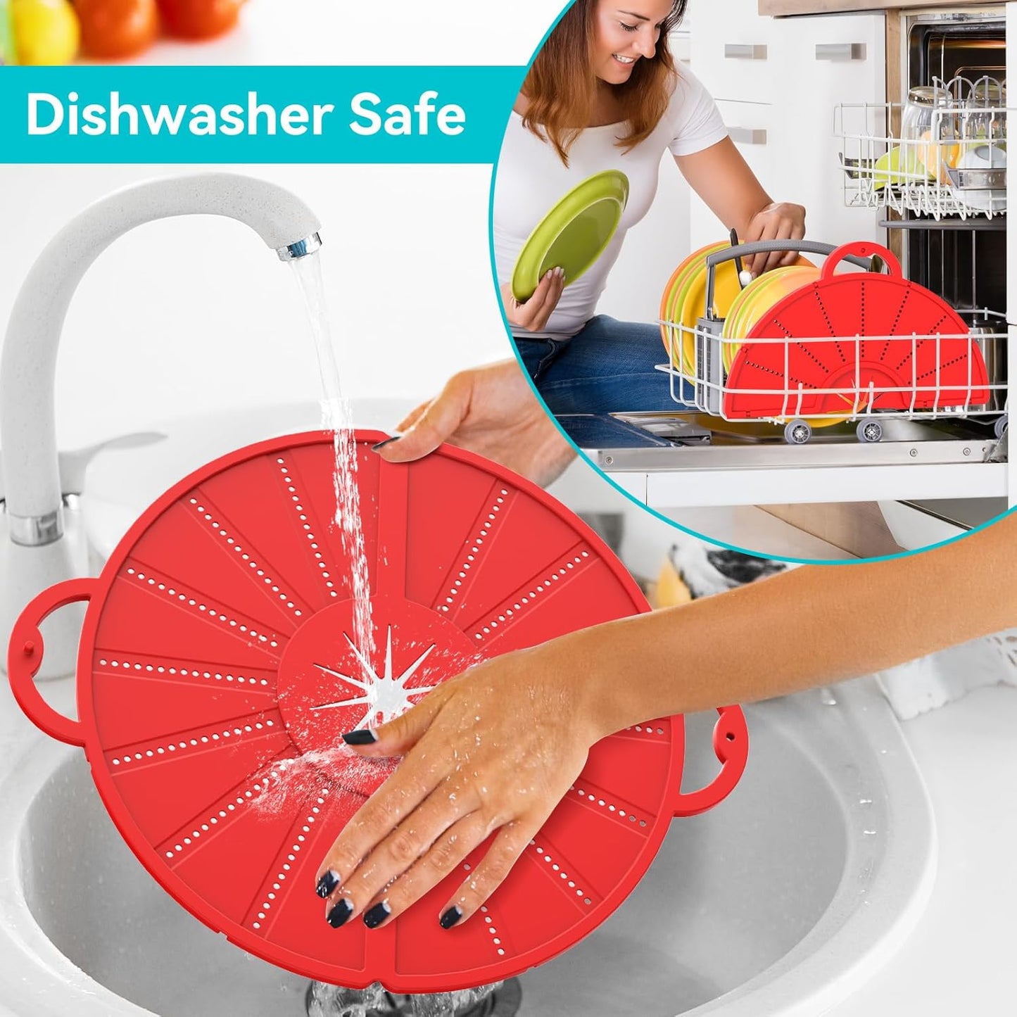 Silicone Splatter Screen for Frying Pan, Foldable Splash Guard, Multi-Use Grease Splatter Guard,Heat-Resistant Trivet Mat, 12" Non-Stick Oil Splatter Guard, Dishwasher Safe, BPA Free-red