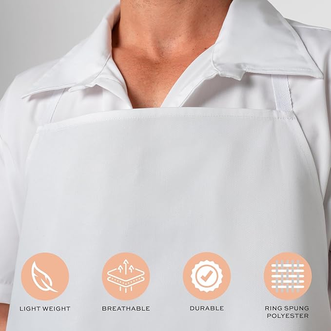 White Classic White Aprons Bulk - Commercial Chef Bib Apron for Kitchen and Restaurant Cooking without Pockets, Unisex Women and Men, Adult - 12 Pack