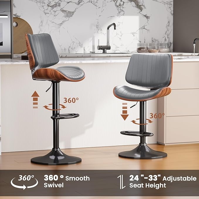 Swivel Bar Stools Set of 3, Adjustable Bentwood Barstools for Kitchen Counter, Modern PU Leather Upholstered Bar Chair with Back and Footrest, for Kitchen Island, Bar, Dining Room, Gray