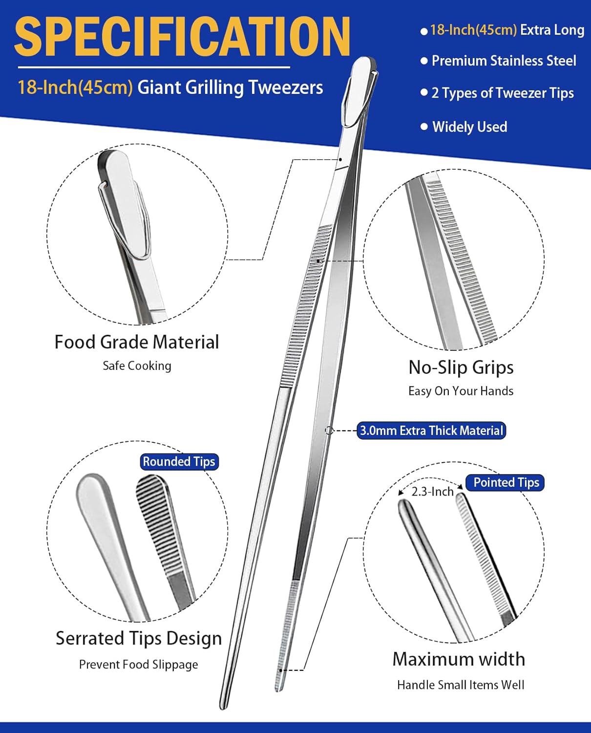 JETKONG 18 Inch (45cm) Extra Long Grill Tongs, Heavy Duty Stainless Steel Tweezer Tongs for Cooking, Grilling, Barbecue/BBQ, Buffet and Turning Food (Point Tips)