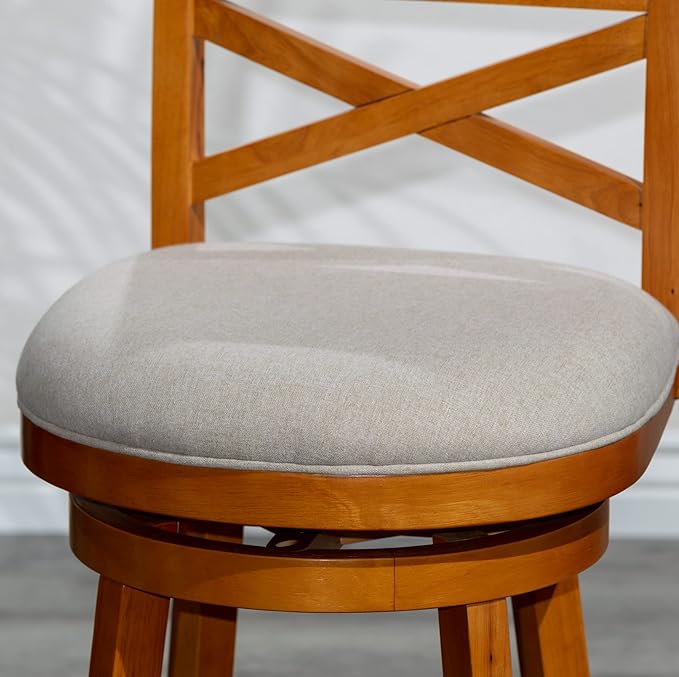 DTY Indoor Living Meeker X Back Fabric Swivel Stool, 30” Bar Height, Natural Finish, Beige Fabric Seat
