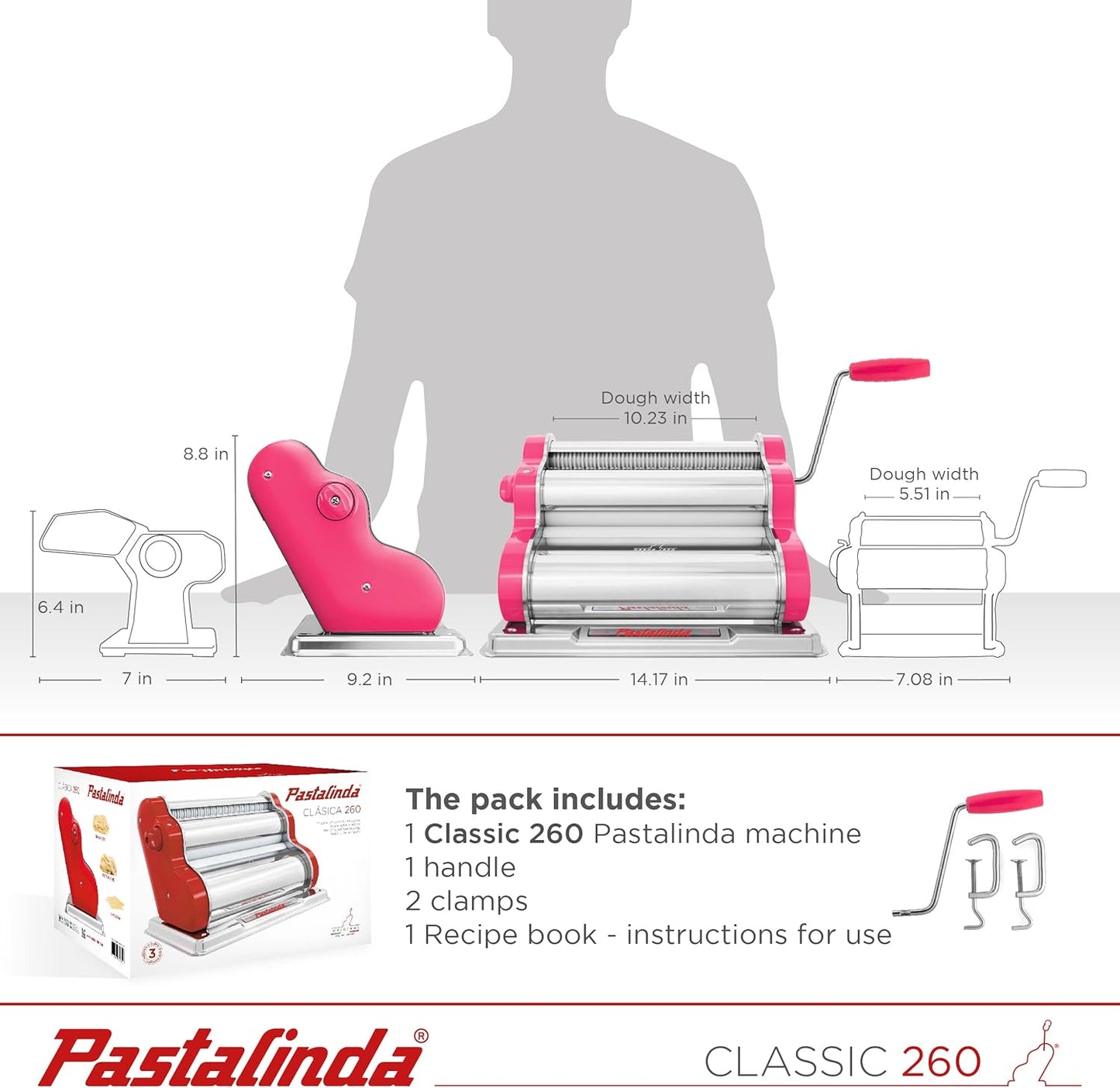 PASTALINDA Classic 260 Pasta Maker Machine, 26 cm Wide Rollers, 9 Thickness Positions, 2 Cutting Positions, Stainless Steel. Includes Reinforced Hand Crank And Two Clamps (Fuchsia)