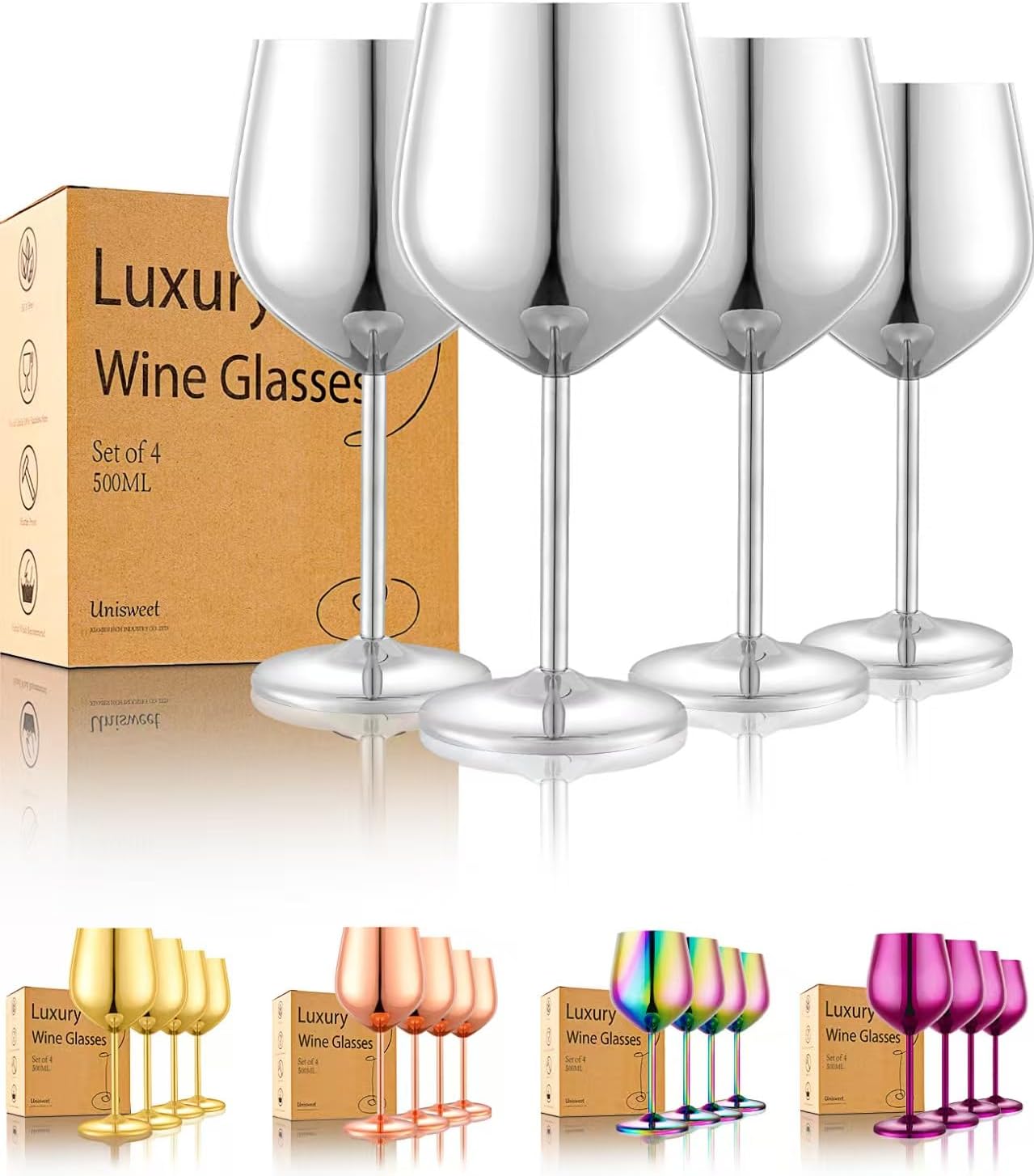 Stainless Steel Wine Glasses Set of 4 Unbreakable Wine Glass 18 oz Unique Metal Wine Goblets for Outdoor, Travel, Camping, Pool, Ideal Gift for Wine Lovers (Mirror-Silver)