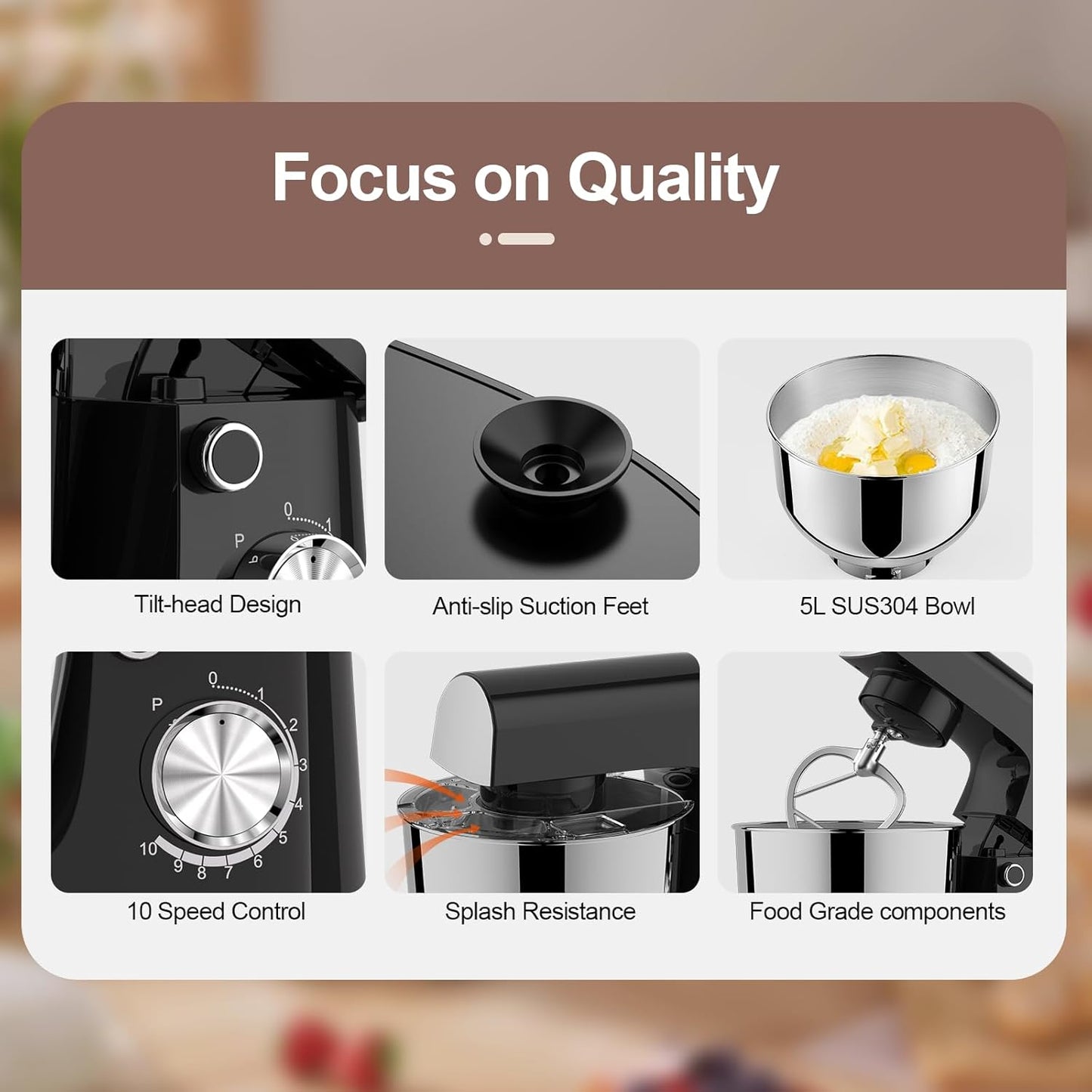 Stand Mixer, 5.5 Quart, 10 Speed Tilt-Head Food Mixer, Kitchen Electric Mixer with SS Bowl, Copper Motor, Beater, Dough Hook, SS Egg Whisk (300W Black)